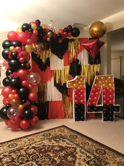 Balloon garland Red , Black and gold Red Black White Gold Party Decor, Red Black And Gold Balloon Garland, Red Black And Gold Backdrop Ideas, Red Black Gold Party Decoration, Red And Black Party Ideas, Red Black And Gold Birthday Party Decor, Casino Backdrop, Hollywood Theme Party Decorations, Black And Gold Party Decorations