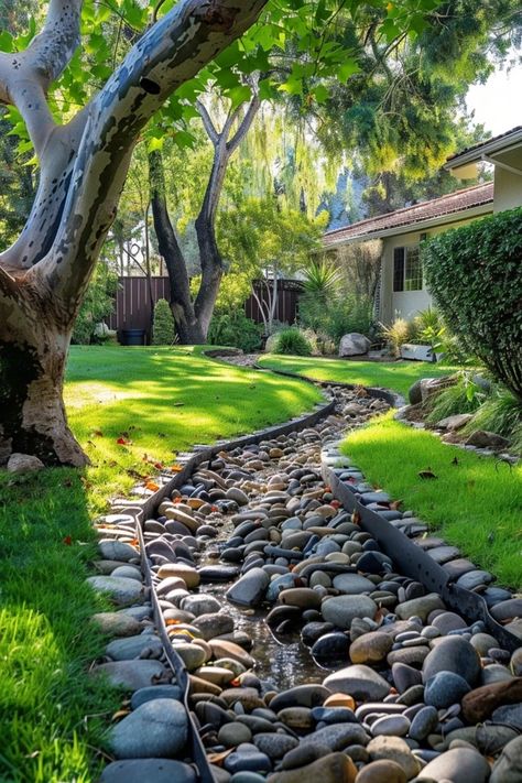 Transform your yard with innovative drainage ditch ideas that blend efficiency and style. Explore DIY options and landscaping tips for water management. Backyard Ditch Landscaping, Landscape Drainage Ditch, Landscape Ideas For Water Drainage, Landscaping Water Drainage, Diy Water Drainage Landscaping, Backyard Water Drainage Ideas, Stone Drainage Ideas, Diy Drainage Ditch Landscaping, Driveway Water Drainage