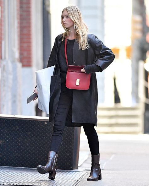 Seeing red! The 27-year-old Victoria's Secret Angel looked chic in her monochrome ensemble but added a pop of colour to her look with a bright rosy handbag Red Cross Body Bag Outfit, Small Red Purse Outfit, Pop Of Color Bag Outfit, Black Outfit Red Bag, Bright Bag Outfit, Red Handbag Outfit Street Style, Red Bag Street Style, Burgundy Bag Outfit Street Style, Red Bag Outfit Ideas