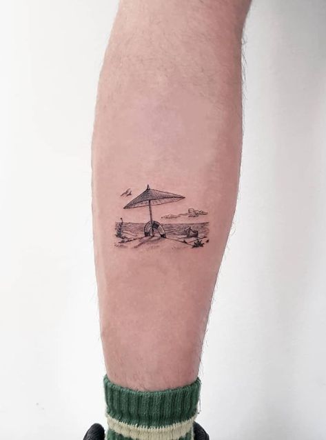 Beach Tattoo Gulf Coast Tattoo Ideas, Beach Tattoo Men, Beach House Tattoo, Honeymoon Tattoo, Seaside Tattoo, Cabin Tattoo, Coast Tattoo, Scene Tattoo, Cowboy Tattoos