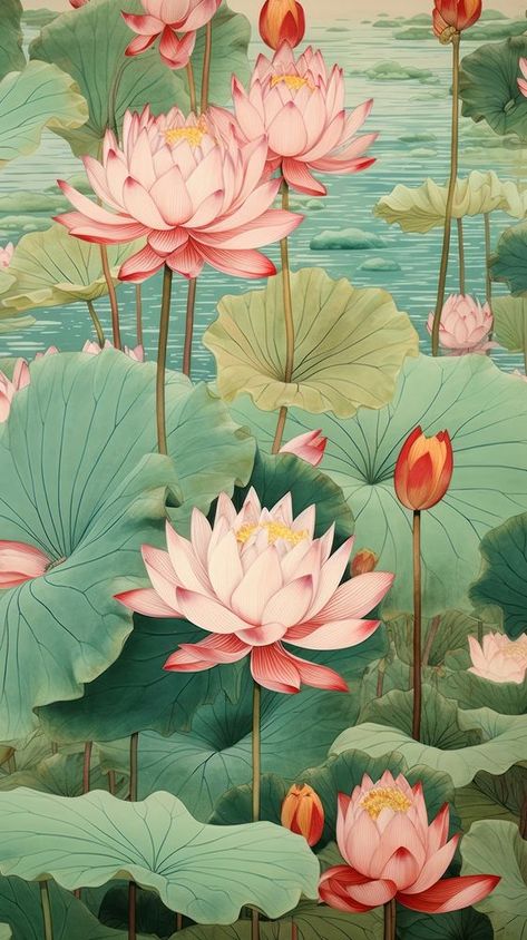 Traditional japanese lotus pond flower plant lily. | premium image by rawpixel.com / Bew Lotus Japanese Art, Japanese Lotus Painting, Japanese Painting Traditional, Lily Pad Wallpaper, Japanese Flower Painting, Lotus Flower Aesthetic, Lotus In Pond, Indian Lotus Flower, Indian Plants