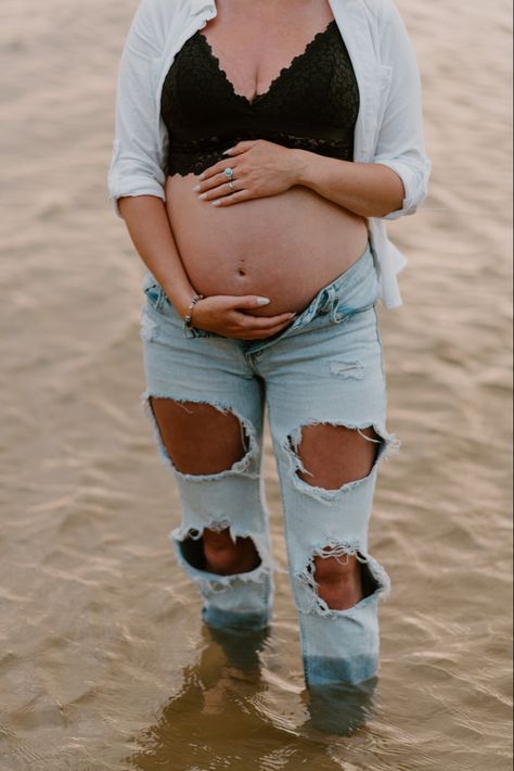 Nail Ideas For Maternity Pictures, Maturity Photoshoot In Water, Maternity Photography For Plus Size, Outdoor Water Maternity Photos, Maternity Picture Nail Ideas, Maternity Outfits For Photoshoot Casual, Maternity Session In Water, Jean Maternity Shoot Photo Ideas, Maternity Water Shoot