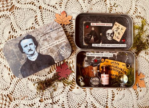 Halloween, apothecary, altered altoid, edgar allen poe, decoupage, miniatures Halloween Altoid Tin Ideas, Altoid Altar, Altoid Tin Ideas Miniatures, Altoids Wallets, Mint Tin Crafts, Tin Crafts, Halloween Apothecary, Altoid Tin, Edgar Allen