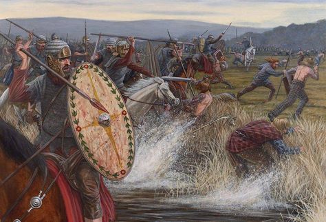 Roman auxiliary cavalry charge against the retreating Caledonian warriors (Northern British tribes). From the Osprey Campaign series book "Mons Graupius AD 83: Rome's Battle at the Edge of the World". Romano British Warrior, Roman Auxiliary, Cavalry Charge, Rome Empire, Roman Army, Rome Art, Ancient Celts, Ancient Warfare, Roman Soldiers