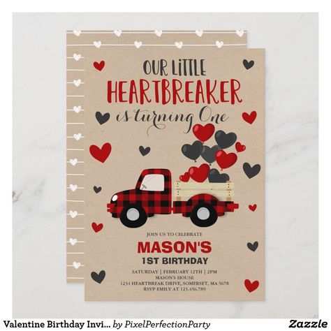 February Birthday Party Ideas, Valentines Birthday Party, Blue Truck, Blue Invitation, First Birthday Themes, Valentine Theme, February Birthday, Turning One, Valentine Birthday