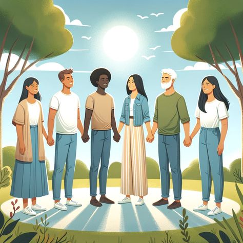 An illustration depicting a diverse group of people, including a Caucasian woman, an African man, a Hispanic man, and an Asian woman, standing in a circle holding hands, symbolizing unity and peace. They are in a serene outdoor setting with a background of lush green trees and a clear blue sky. Each person is smiling and looking at each other, showing a strong sense of harmony and... Unity Illustration, Christ Pictures, Diverse Group Of People, Cool Jesus, People Holding Hands, Support Pictures, Hispanic Men, Looking At Each Other, Diverse People