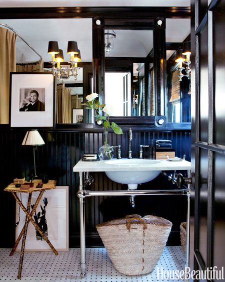 A Regency ebony-and-bone mirror is propped above a Gramercy Single Metal sink. Black Beadboard, Masculine Bathroom, Traditional Chic, Black Rooms, Dark Bathrooms, Powder Rooms, New Traditional, Black Bathroom, Beautiful Bathrooms