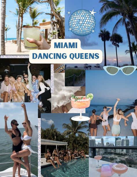 Bachelorette inspo, bachelorette idea for Miami #dancingqueens #miamibachelorette #beachbach #mammamiabachelorette Bach Party Themes Miami, Malibu Bachelorette Party, Bachelorette Collage, Miami Bachelorette Party Theme, Miami Bachelorette Party Outfits, Malibu Bachelorette, Collage Themes, Bachelorette Party Miami, Bachelorette Miami