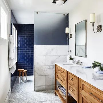 75 Blue Tile Bathroom Ideas You'll Love - April, 2022 | Houzz Navy Bathroom Ideas, Vanity Bathroom Design, Shower Alcove, Master Remodel, Blue Subway Tile, Walk In Shower Ideas, Navy Bathroom, Doorless Shower, Blue Bathroom Tile