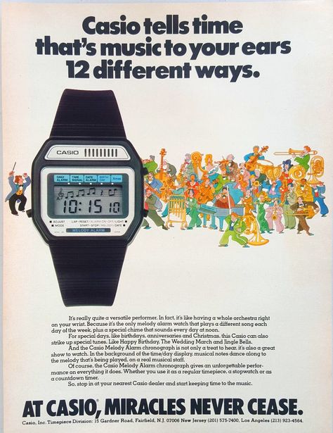 Casio 12 Melody Alarm Digital Watch (1981) #CASIO #watches #watchessentials #lovewatches #vintagewatches #wristwatches #SaaBoomBxR #80s #VintageTech #VintageElectronics #VintageGadgets #VintageAds #ProductDesign #MadeInJapan Casio Watches, Casio Vintage, Casio Classic, Classy Watch, Computer History, Watch Ad, Breitling Watches, Timex Watches, Retro Images