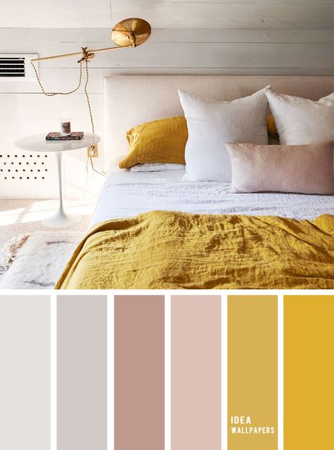 Mustard Bedroom, Beautiful Bedroom Colors, Design Ložnic, Color Schemes Design, Best Color Schemes, Bedroom Colour Palette, Bedroom Light, Grey Color Palette, Yellow Bedroom