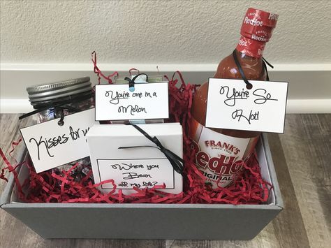 Valentine's Day gift basket for him ... hot sauce, coffee, Hershey's kisses and melon candy Gift Basket For Him, Sauce Ideas, Gift Baskets For Him, Valentine's Day Gift Baskets, Hershey's Kisses, Themed Gift Baskets, Hershey Kisses, Red Hot, Gift Basket