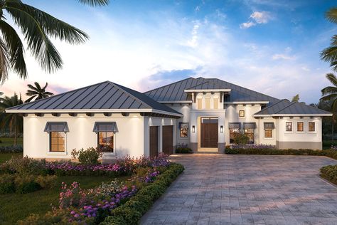 Mediterranean House Plans - Architectural Designs Florida House Plans, Contemporary Mediterranean, Exposed Rafters, Coastal House Plans, Mediterranean House Plans, European Home, Stucco Exterior, Florida Style, Pch Sweepstakes