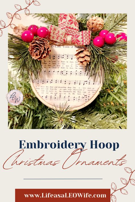 These mini embroidery hoop ornaments are easy to make & are absolutely gorgeous! In my full tutorial I show you how easy they are to make & included are 8 pages of free printable vintage sheet music! Pumpkin Wreath Tutorial, Sheet Music Christmas, Hoop Ornaments, Mini Embroidery Hoop, Music Christmas Ornaments, Pumpkin Wreath Diy, Fall Pumpkin Sign, Leo Wife, Dollar Tree Pumpkins