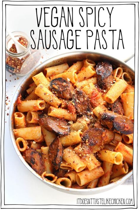 Vegan spicy sausage pasta is total Italian comfort food! Homemade vegan seitan sausages tossed in a spicy tomato sauce for a perfect hearty weeknight meal. #itdoesnttastelikechicken #veganrecipes #pasta Vegan Sausage Recipes For Dinner, Vegan Sausage Pasta Recipes, Seitan Meatballs, Vegan Sausage Pasta, Diy Vegan Sausage, Vegan Sausage Links, Vegan Italian Sausage, Spicy Sausage Pasta, Vegan Seitan