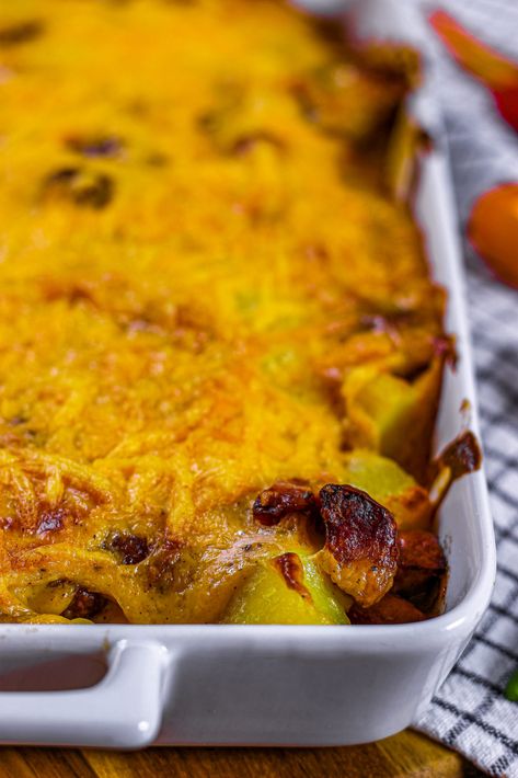 Cheese, Potato and Smoked Sausage Casserole Recipe With Smoked Sausage, Potato And Smoked Sausage Casserole, Smoked Sausage Casserole, Smoked Sausage Recipes, Cheese Potato, Cheesy Potato Casserole, Sausage Dishes, Jalapeno Cheese, Cheesy Potato