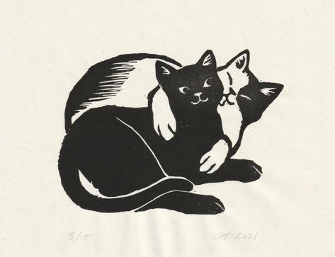 "Original woodcut print of a loving feline duo. Calico gives black cat a good grooming. Black water-based ink on mulberry-fiber paper (approx 6\"x 8\") from Korea and Thailand, burnished by hand. Image itself is approximately 4\"x 5.25\".  Shown in standard size 8\"x 10\" frame with matt for 5\"x 7\" picture. PLEASE NOTE: * Print does not include frame. * Artist retains image copyright and all rights to its commercial reproduction." Vintage Black Cat Illustration, Cat Block Print, Cat Lino Print, Minimal Cat Drawing, Calico Cat Tattoo, Cat Woodcut, Black And White Cat Art, Cat Linocut, Cat Prints