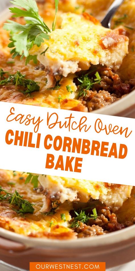 Make this easy and delicious Dutch oven chili with cornbread topping! It's a simple chili recipe with a baked on crust and one of the best Dutch oven recipes for camping, easy meals, and family dinner ideas. It's so much better than a classic chili recipe and has beans, diced chilis, onions, tomatoes, spices and you can add ground beef if you like that, too! Chili With Cornbread Topping, Dutch Oven Recipes For Camping, Simple Chili Recipe, Dutch Oven Chili Recipe, Chili With Cornbread, Dutch Oven Chili, Easy Dutch Oven Recipes, Dutch Oven Soup, Cornbread Topping