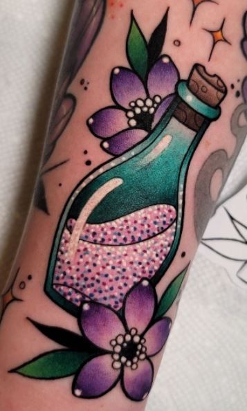 Potion Tattoo Color, American Traditional Potion Bottle Tattoo, Moon Potion Tattoo, Time In A Bottle Tattoo, Heart Potion Bottle Tattoo, Potion Tattoo Bottle, Jar Tattoo Design, Glass Bottle Tattoo, Bright Color Tattoos For Women