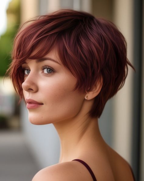 20 Burgundy Pixie Hairstyles to Inspire Your Next Bold Look Pixie Red Hair, Short Red Hair With Bangs, Short Red Hair Styles, Red Bobs, Red Hair Pixie Cut, Burgundy Pixie, Short Burgundy Hair, Red Pixie Haircut, Red Hair With Bangs