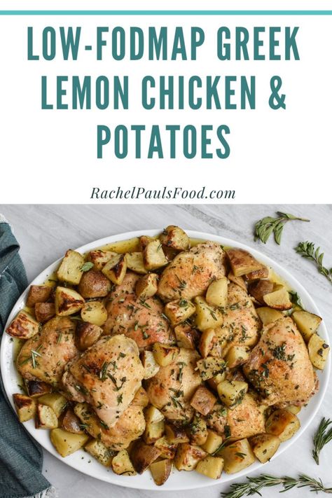 Low-FODMAP Sheet Pan Greek Lemon Chicken and Potatoes; Gluten-free, Dairy-free | Dr. Rachel Pauls Low Fodmap Chicken Crockpot Recipes, Low Fodmap Crockpot Chicken, Low Fodmap Baked Chicken, Low Residue Recipes, Low Fodmap Chicken Salad, Greek Lemon Chicken And Potatoes, Low Fodmap Chicken Recipes, Fodmap Chicken Recipes, Lemon Chicken And Potatoes