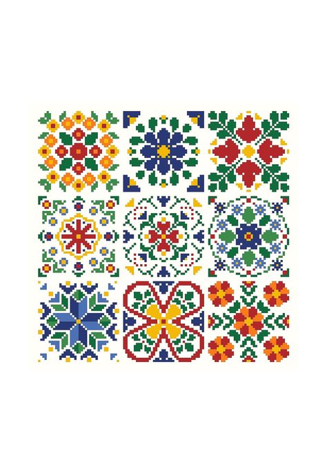 Floral Tiles is a cross stitch pattern that is made up of 9 brightly colored, flower squares.  This geometric embroidery design uses full stitches only.  Floral Tiles was designed using DMC floss to be stitched on 14 count Aida, but it could just as easily be stitched on evenweave or linen fabric. Stitch one or two tiles or stitch them all using the fabric and the floss of your choice to create something totally fun and unique. * Instant Download Pattern Only - not a kit or finished item * Stitc Mexican Cross Stitch, Cross Stitch Coasters, Crochet C2c Pattern, Cross Stitch Necklace, Cross Stitch Geometric, Abstract Quilt, Floral Tiles, Geometric Embroidery, Floral Cross Stitch