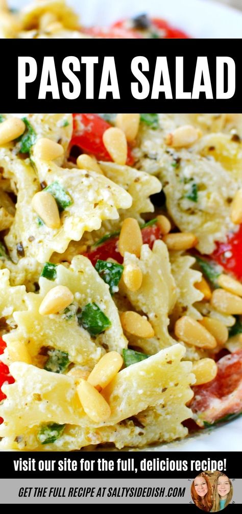 Pasta salad side dish, unique and easy pasta salad side dish with creamy pesto pasta, tomatoes and pine nuts, a full on flavor explosion of a pasta salad recipe, bust out of the same old pasta salad routine with this recipe. Pine Nut Pasta Salad, Farfalle Pasta Salad Recipes, Bowtie Pasta Recipes Cold, Farfalle Pasta Recipes Cold, Salad With Pine Nuts Healthy, Past Salad Recipe Cold Pasta, Cavatappi Pasta Salad Recipes, Irish Pasta Salad, Ring Pasta Salad Recipes