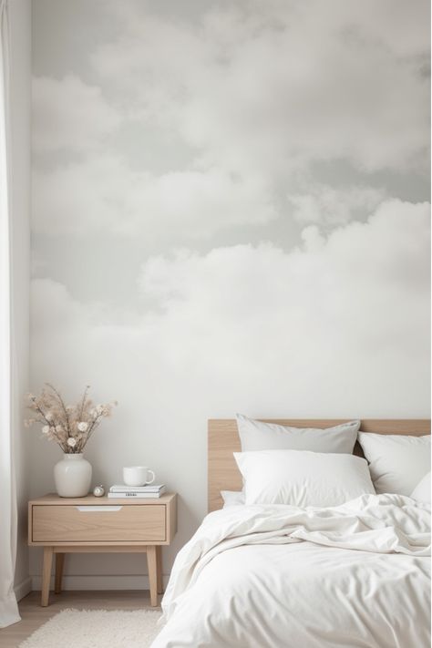 Soft cloud-like wallpaper in white and light gray tones Cloud Wallpaper Bedroom, Bedroom Wallpaper Ideas, Sanctuary Bedroom, Relaxing Bedroom, Biophilic Design, Cloud Wallpaper, Bedroom Wallpaper, Gray Tones, Bedroom Retreat