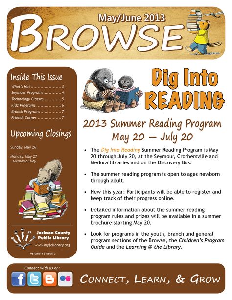 Jackson County Public Library — Browse - the library newsletter Library Newsletter Ideas, Library Program Ideas, Library Newsletter, Harvard Library, School Libraries, Elementary School Library, Teacher Librarian, Summer Reading Program, Monthly Newsletter