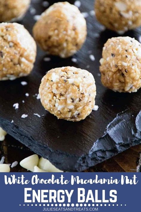 Coconut Oats, White Chocolate Macadamia Nut, Healthy Travel Snacks, Energy Bites Recipes, Energy Ball Recipe, White Chocolate Macadamia, Chocolate Macadamia, Filling Snacks, Protein Bites