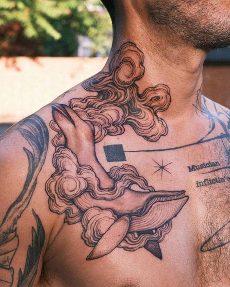 Chest Tattoo Men Clouds, Cloud Chest Tattoo, Cloud Neck Tattoo, Chestpiece Tattoo, Tattoo Prep, Clouds And Stars Tattoo, Japanese Cloud Tattoo, Sam Tattoo, Cloud Tattoo Sleeve