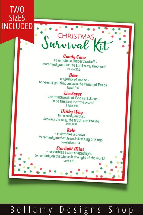 Religious Christmas Survival Kit Gift Tag Printable comes in two sizes. These colorful tags are a great accessory to any Christmastime Treat or Gift. Perfect for handing out at church, school, or to friends. These tags could also be used as a part of a candy gram activity. #christmassurvivalkit #survivalkit #stockingstuffertag #religiousgiftidea #sundayschool #xmasprintabletag #candygram #candygramactivity #christmasactivities #jesusisthereasonfortheseason #christianprintable #religiousprintable Christmas Survival Kit Ideas, Christmas Handouts, Christmas Survival Kit, Ward Activities, Candy Messages, School Christmas Gifts, Christmas Goodie Bags, Survival Kit Gifts, Candy Kit