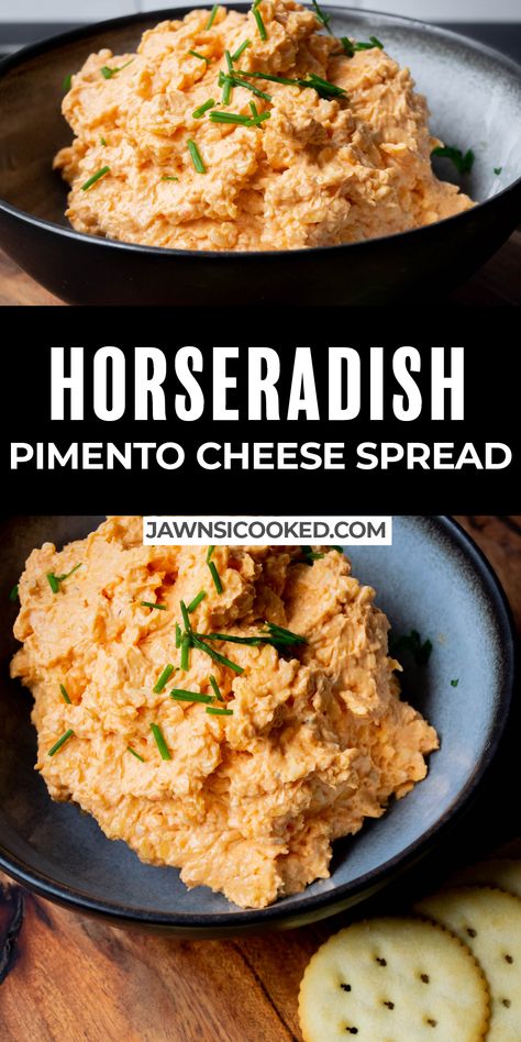 Cheesy Horseradish Spread, Cracker Spreads Recipes, Pimento Cheese With Jalapenos Recipe, Horseradish Cheese Spread, Recipes With Horseradish, Crockpot Party Food, Horseradish Dip, Pimento Cheese Recipe, Cheese Spread Recipes