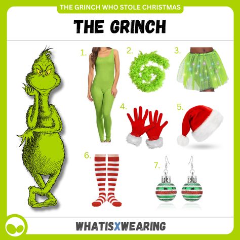 Dress like The Grinch from the Dr Seuss classic, The Grinch Who Stole Christmas, with this fun and festive costume idea for women! Grinch Women’s Costume, Easy Diy Grinch Costume, The Grinch Outfit, Womens Grinch Costume, Easy Grinch Costume, Grinch Dress Up Day At School, The Grinch Costume For Women, Diy Grinch Outfit, Grinch Costume Women