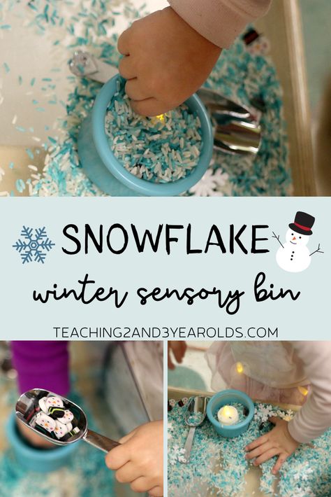 This winter sensory bin is loaded with dyed rice, various sized snowflakes, small snowmen and scoops. But what makes it most fun are the flickering tea light candles! A great way to build fine motor skills during your winter theme. #winter #sensory #snow #snowflakes #snowman #finemotor #preschool #3yearolds #4yearolds #teaching2and3yearolds Waddler Activities, Sensory Preschool, Chocolate Activities, Sensory Snow, Dyed Rice, Winter Sensory Bin, Winter Sensory, Winter Lesson Plan, Flisat Table