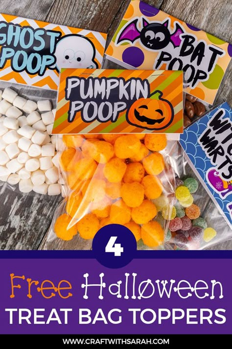 Make your house the talk of the town with spooktacular free Halloween treat bag topper printables. Bat poop, ghost poop, witch warts & pumpkin poop... yum!? Halloween Sweet Bags Ideas, Halloween Treats Printables Free, Halloween Free Printables Treat Bags, Pumpkin Poop Free Printable, Work Halloween Treat Bags, Simple Halloween Class Treats, Work Halloween Gifts, Pumpkin Poop Free Printable Bag Toppers, Halloween Gift Bags For Students