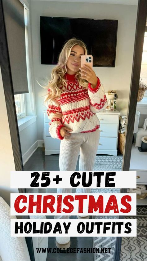 christmas outfit ideas for women Comfy Xmas Outfits, Holiday Work Outfit Casual, Christmas Event Outfit Casual, Christmas Jean Outfit Ideas For Women, Christmas Day Outfit 2024, Holiday Outfit With Sneakers, Basic Holiday Outfits, Home For The Holidays Outfits, Casual Christmas Morning Outfit