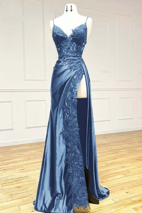 Prom Dress Necklines, Under The Stars Prom Dress, Ty Ball Dresses Ireland, Bedazzled Dresses, Black Fitted Prom Dress, Sapphire Prom Dress, Prom Color Ideas, Dusty Blue Prom Dress, Dark Blue Prom Dresses