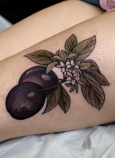 Plum Tattoo Fruit, Plum Drawing, Plum Tattoo, Jar Tattoo, Lisa Tattoo, Wildlife Tattoo, Fruit Tattoo, Floral Tattoo Sleeve, Cover Up Tattoo