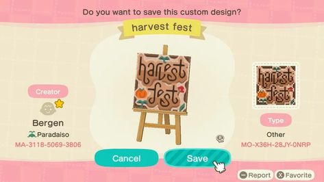 Harvest Sign, Harvest Fest, Acnh Design, Acnh Codes, Market Sign, Fall Fest, Thanksgiving Design, Animal Crossing Game, Island Ideas