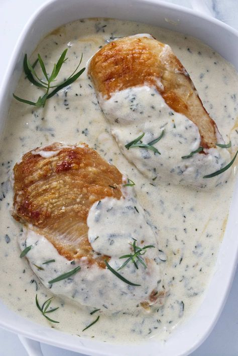 A French-inspired Creamy Tarragon Sauce that has the subtle flavor of anise. This rich creamy sauce pairs well with poultry, fish or vegetables. Tarragon Fish Recipes, Chicken Tarragon, Tarragon Recipes, Tarragon Sauce, Tarragon Chicken, Chicken Breast Cutlet, Pork Broth, Spicy Peanut Sauce, Garlic Butter Sauce