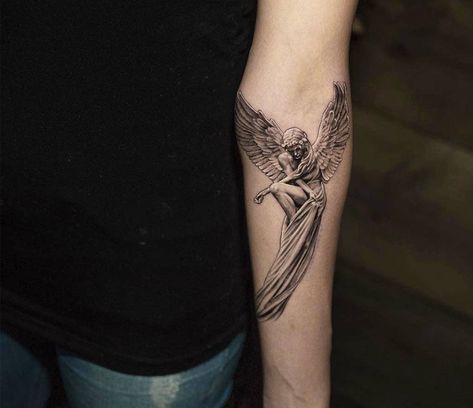 Angel tattoo by Niki Norberg | Photo 26283 Angel Tattoo Realistic, Realistic Angel Tattoo, Realistic Angel, Marilyn Monroe Tattoo, Hyper Realistic Tattoo, Angel Tattoos, Panda Tattoo, Batman Tattoo, Anchor Tattoos