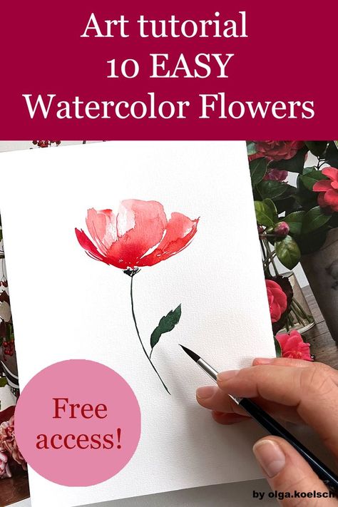 Loose Floral Watercolor Painting Tutorial, Watercolor Art Ideas Easy Simple Flowers, Step By Step Watercolor Painting Easy, Loose Watercolor Flowers Tutorial, Easy Watercolor Flowers For Beginners, Watercolor Art For Beginners Step By Step, Watercolor Step By Step Tutorials, Watercolours Flowers, Easy Watercolor Flowers