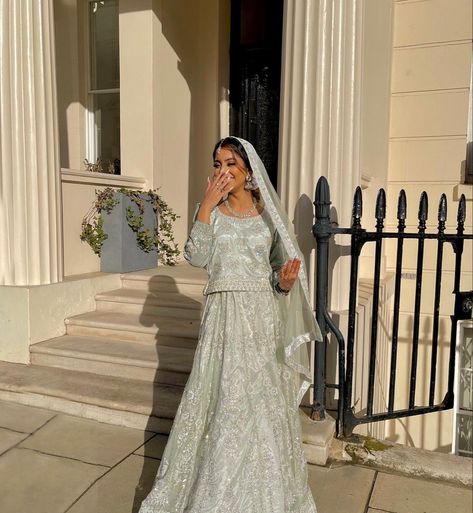 Pakistani Lengha Bridesmaid, Sage Green Desi Outfits, Asian Fits, Eid Fits, Asian Prom Dress, Eid Outfit Ideas, Desi Clothing, Wedding Fits, Asian Dresses