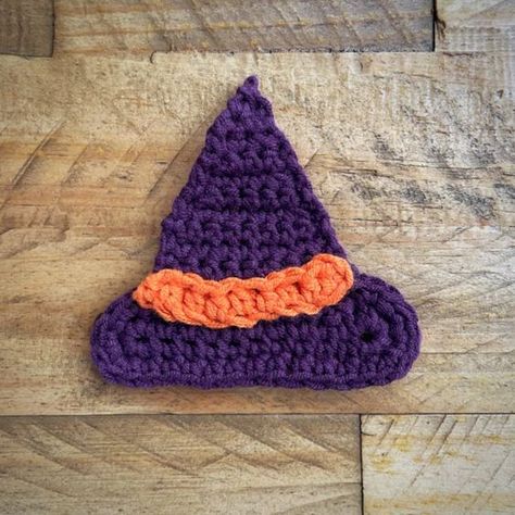 Work your magic this halloween and crochet this spooky witches hat appliqué, crochet design. Crochet Witch Hat Applique Pattern Free, Halloween Crochet Applique, Witches Hat Crochet, Crochet Witches Hat, Crochet Witches, Appliqué Crochet, Crochet Witch Hat, Crochet Witch, Halloween Applique