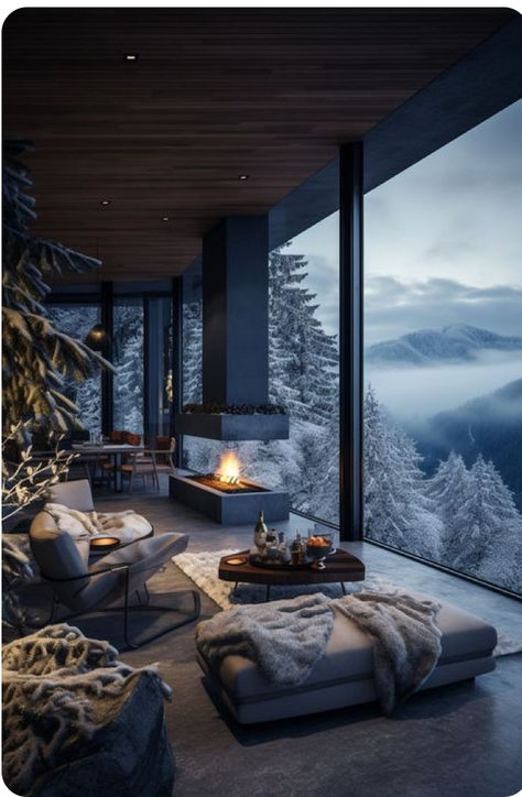 Chalet Living Room Ideas, Dream Mountain Home, Modern House On Mountain, Luxury Modern Homes Design Interiors, House In Mountains Dream Homes, Modern Mountain Living Room, Winter House Interior, Mountain View Aesthetic, House In Mountains