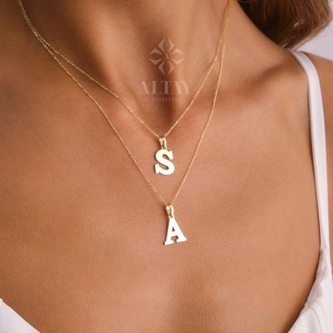 14K Solid Gold Initial Necklace, Personalized Single Letter Pendant, Centered Initial Necklace, Monogram Necklace, Dainty Initial Choker Gold Initial Pendant, Gold Initial Necklace, Single Letter, Initial Necklace Gold, Monogram Necklace, Gold Initial, Letter Pendants, Necklace Dainty, Initial Pendant