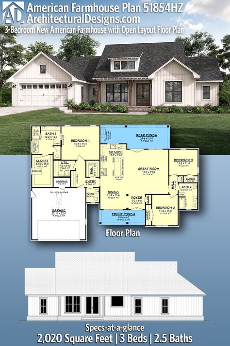 New American Farmhouse Plan with Attractive Shed Dormer Above Open Rafter Tail Porch - 51854HZ | Architectural Designs - House Plans House Plans With Dormers, House Plans Less Than 2000 Sq Ft, 2000 Sq Ft Farmhouse Plans, 3 Bed 2.5 Bath Floor Plans, 1900 Sq Ft House Plans Open Floor, 3 Bedroom 2.5 Bath Floor Plans One Story, House Plans 1800 Sq Ft Open Concept, 2 000 Sq Ft House Plans Open Floor, 3 Bed 2.5 Bath Open Floor Plans