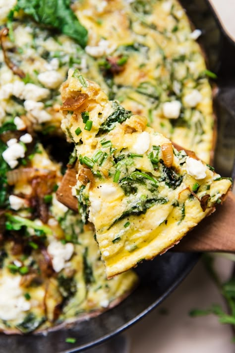 Caramelized Onion Frittata by The Modern Proper Breakfast Ideas Frittata, Large Frittata Recipes, French Onion Frittata, Healthy Frittata Recipes, Breakfast Frittata Recipes, Arugula Frittata, Brunch Frittata Easy Recipes, Personal Frittata, Gouda Frittata