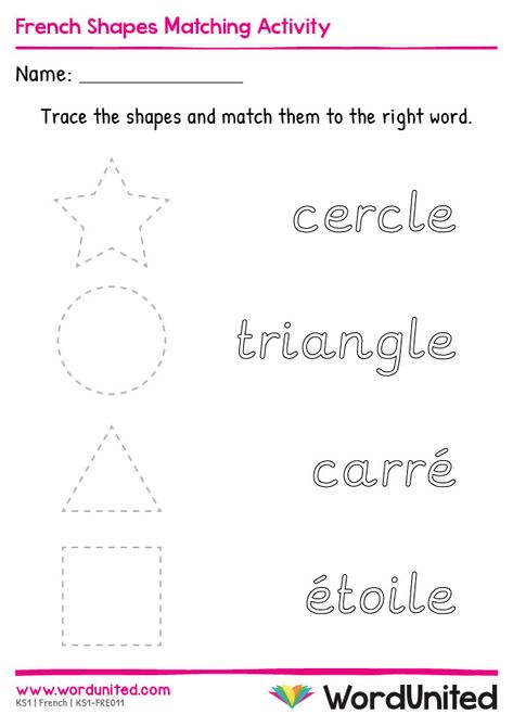 Learn the names of shapes in French with this handy resource! Children can develop fine motor skills and pen control when tracing the shapes, then consolidate their French vocabulary with a matching task. Supports the following areas of learning within Key Stage 1: Languages. French Exercise, French Preschool Activities, Letter Recognition Kindergarten, French Immersion Kindergarten, Shapes Matching, Learning French For Kids, French Worksheets, French Teaching Resources, French Kids